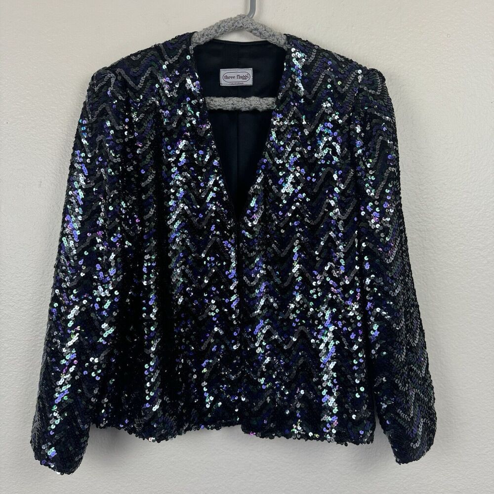 Vintage Three Flaggs Sequin Mid Length Jacket Purple Silver Black Green Large